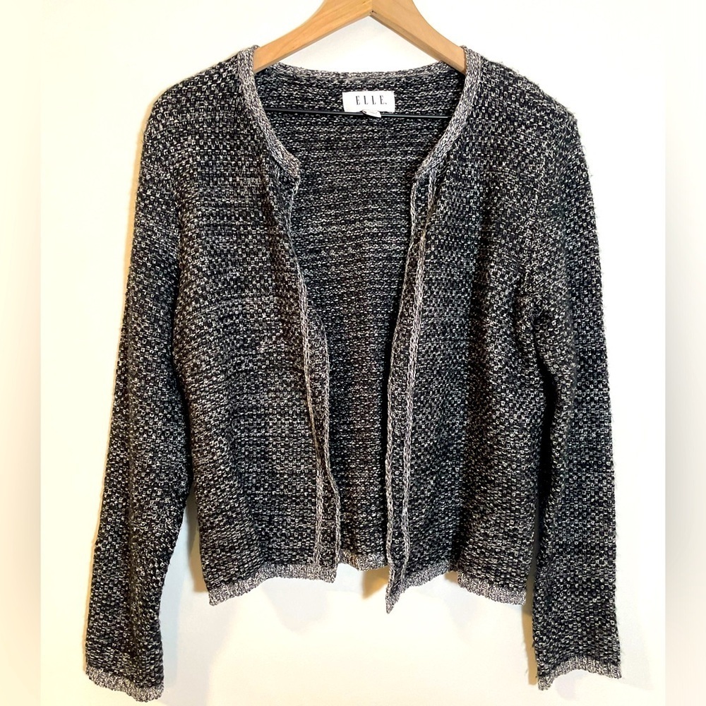 Elle Women's Black White Gray Knit Open Front Sweater Cardigan Size Medium